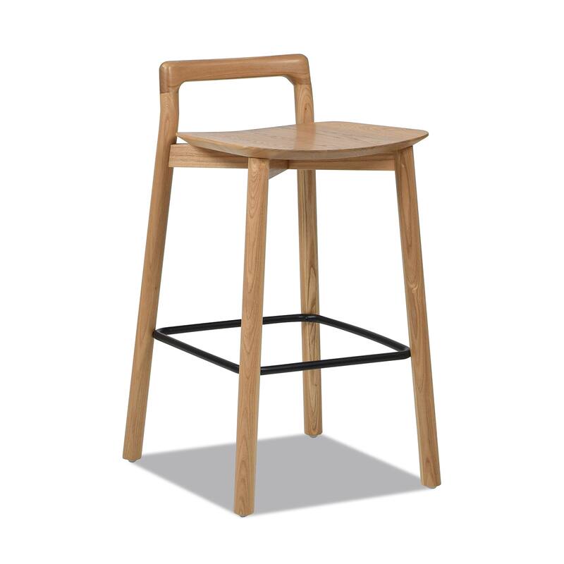 Modern Minimalist Low Back Wood Counter Stool - Ash Brown,Natural Wood+Brown