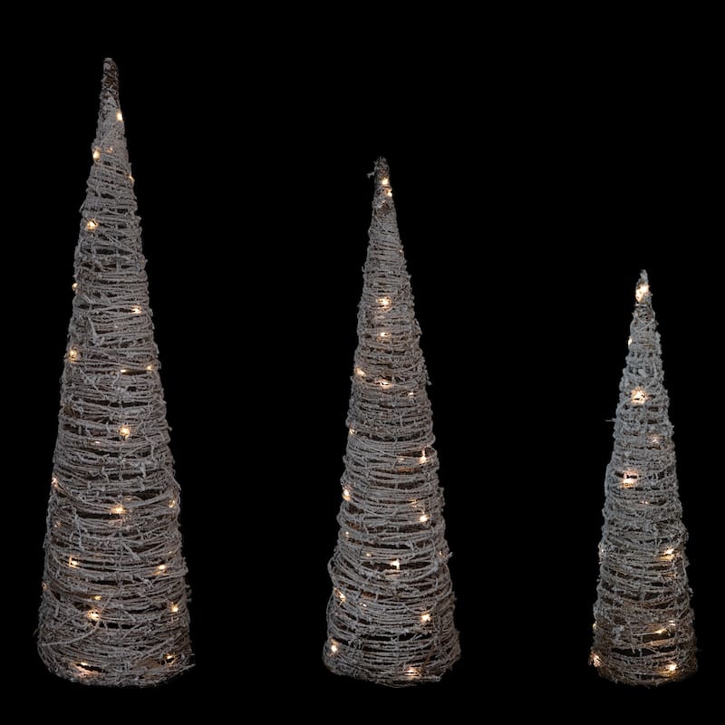 Set of 3 LED Lighted Snowy Rattan Christmas Cone Tree Decorations 3.25'