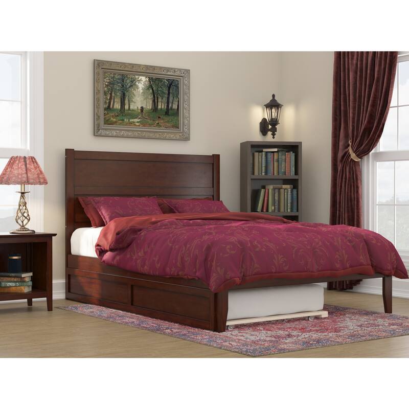 Twin XL Bed with Trundle - Solid Wood Platform Bed, USB Charging, Walnut Finish, 1000 lb Capacity