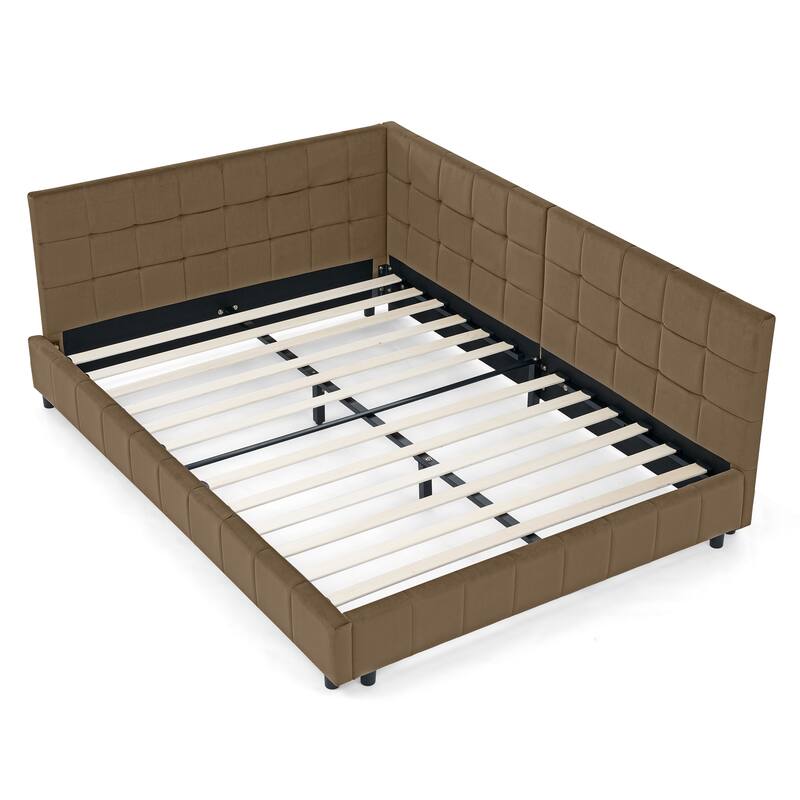Corner Day Bed Frame, Upholstered Velvet Wooden L-Shaped Sofa Bed with Tufted Design & Wood Slats, Modern Floor Platform Bed