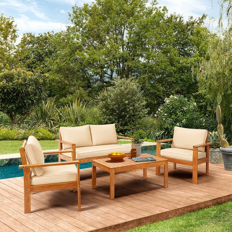 EROMMY Wood Patio Conversation Set with Coffee Table and Soft Cushions, Outdoor Sofa Set for Garden, Backyard
