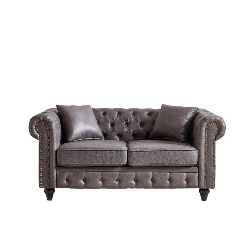 63.5" Contemporary Chesterfield Sofa, Tech Fabric, Button Tufted, 2 Pillows, Grey