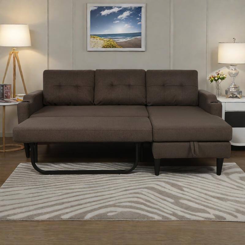 74.8" Fabric Sofa with Storage and Solid Wood Frame, 660lb Capacity - Brown
