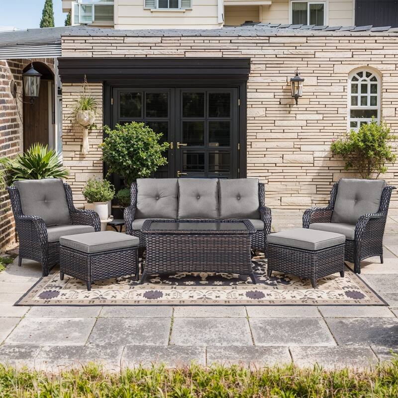 Outdoor Sofa Chair with Coffee Table and Ottoman - Brown Rattan - Grey Cushion - 6PCS - Patio Chair w/ Sofa Ottoman Coffee Table