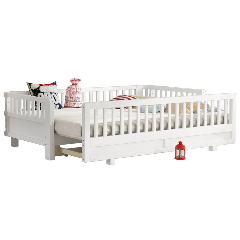 Twin XL/Twin Size Platform Bed with Guardrails, Converts to Queen Size Solid Wood Frame