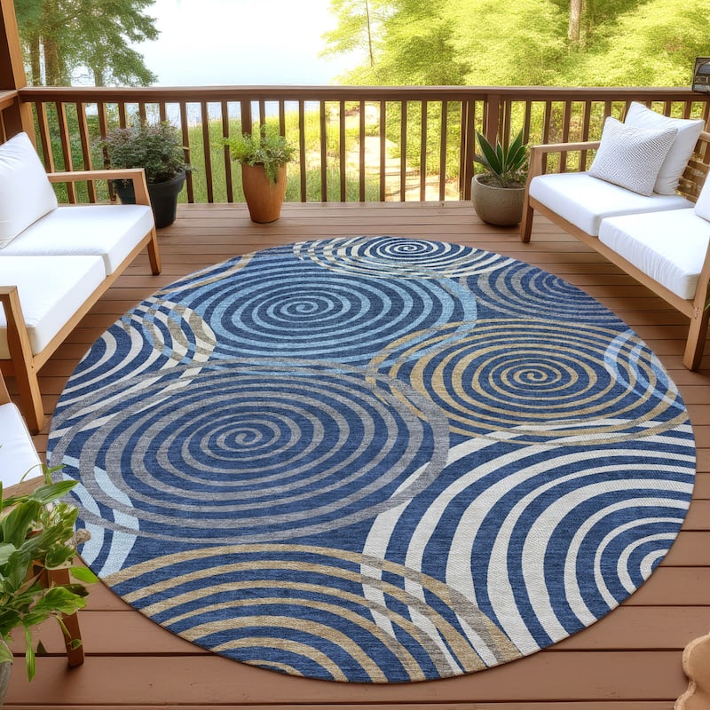 Machine Washable Indoor/ Outdoor Contemporary Swirls Chantille Rug - Navy - 8' x 8'