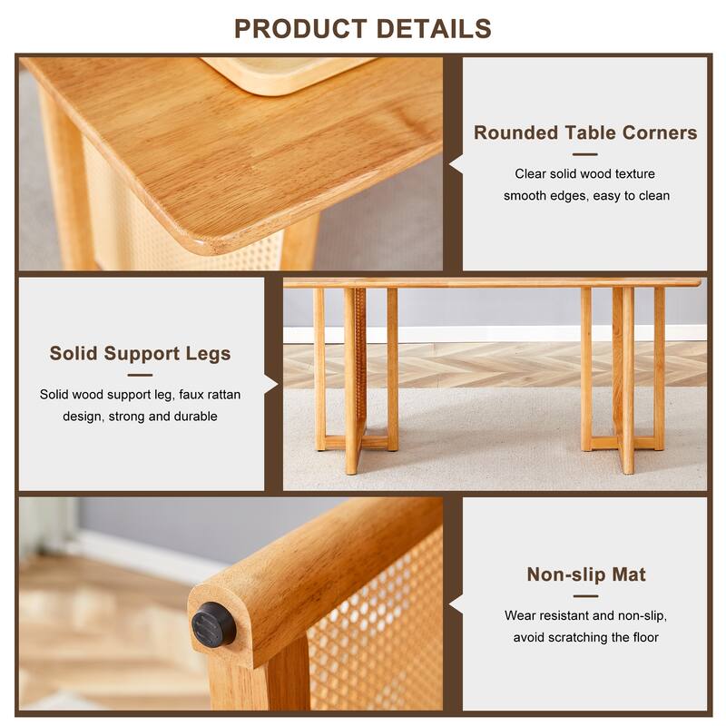 Wood Dining Table Workbench Conference Table with Imitation Rattan Texture Legs and Anti-Slip Feet