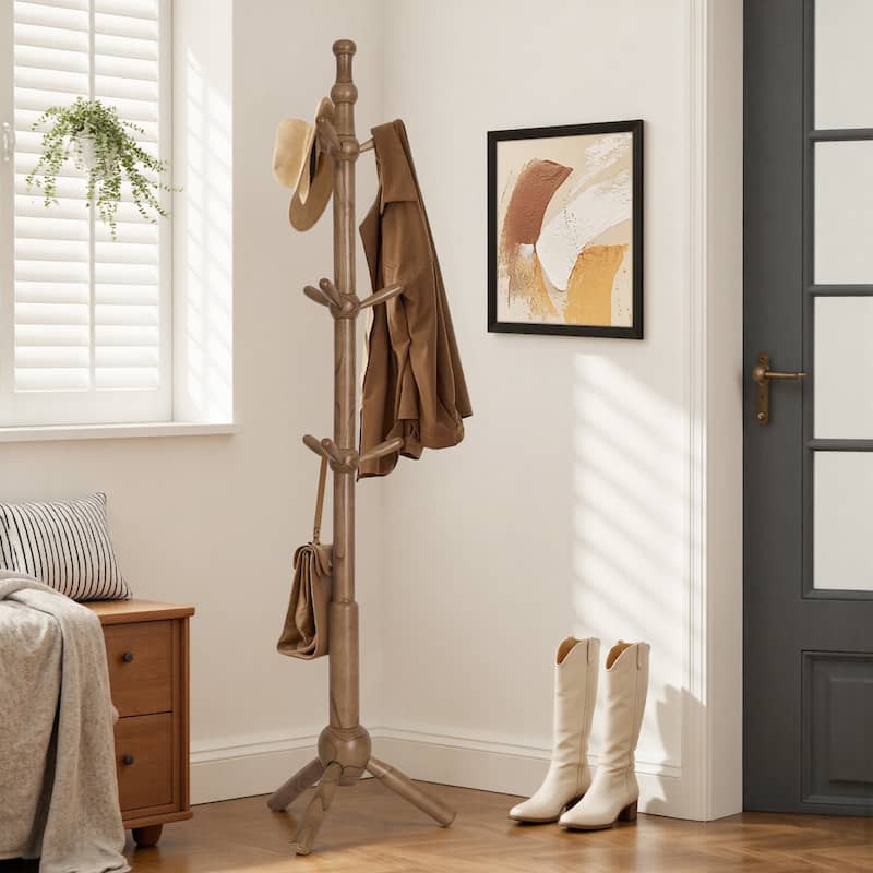 Solid Wood Freestanding Coat Rack Hanger, Coat Tree with 9 Hooks - 74"H x19.29"W - Walnut