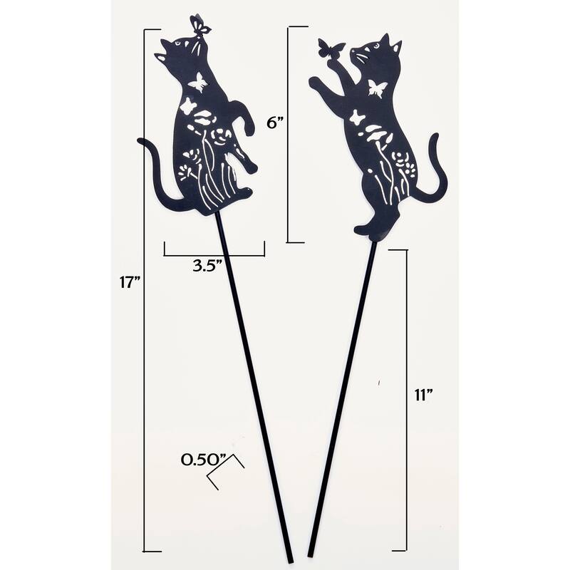 6" Iron Cat With Butterfly on 11" Stake For Pots, Set of 3