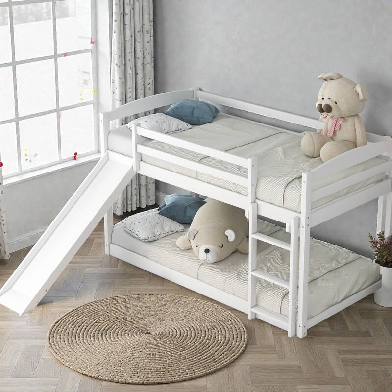 Twin over Twin Wooden Bunk Bed with Slide and Ladder, Convertible Design, Low Bunk Frame for Kids, Solid Pine & MDF