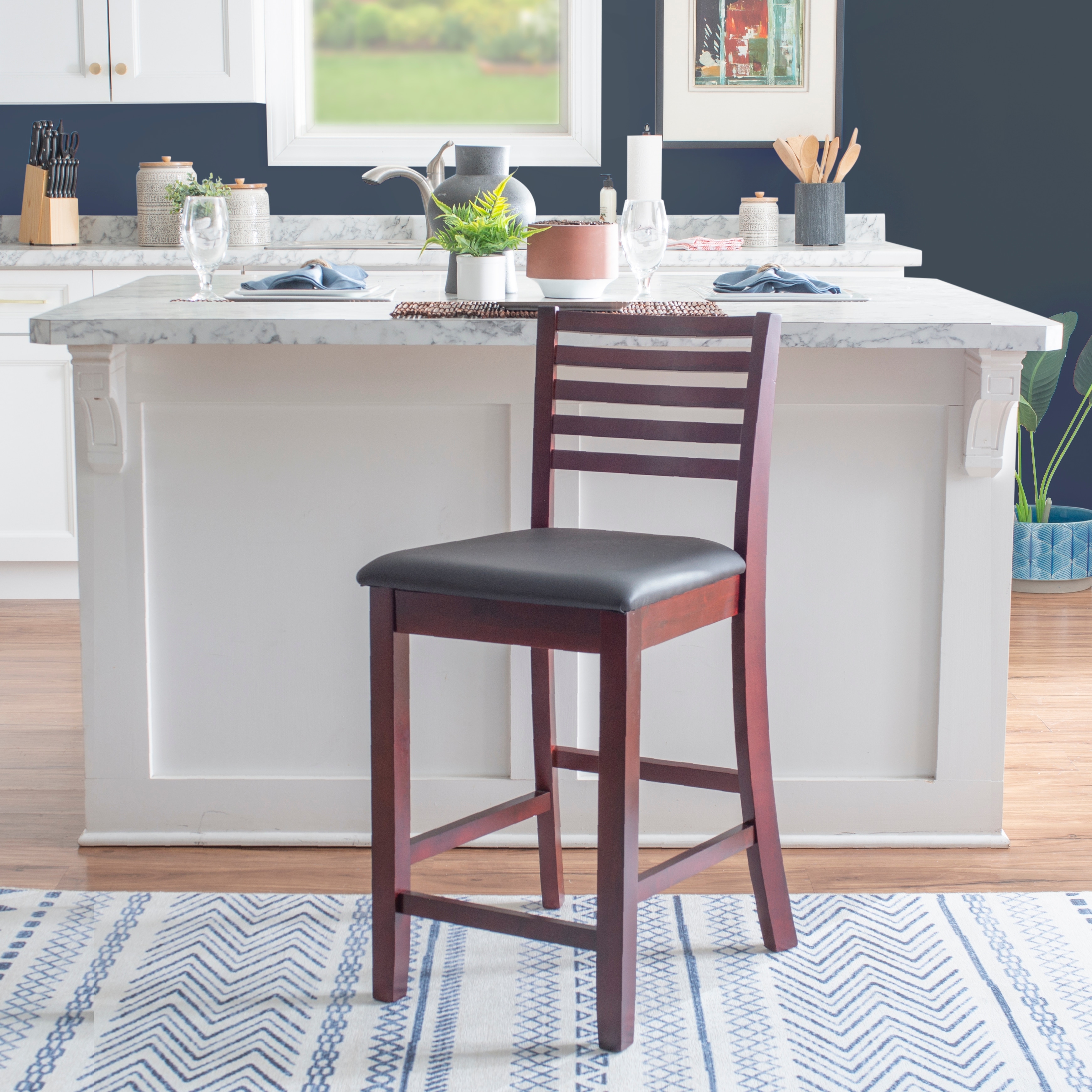 Linon Piedmont Faux Leather/Fabric 24-Inch Ladder Back Counter Stool