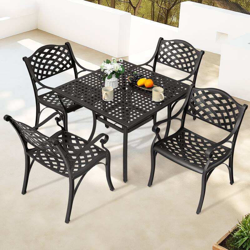 5-Piece Cast Aluminum Patio Dining Set with Umbrella Hole and Wide Seat - Black with gold point