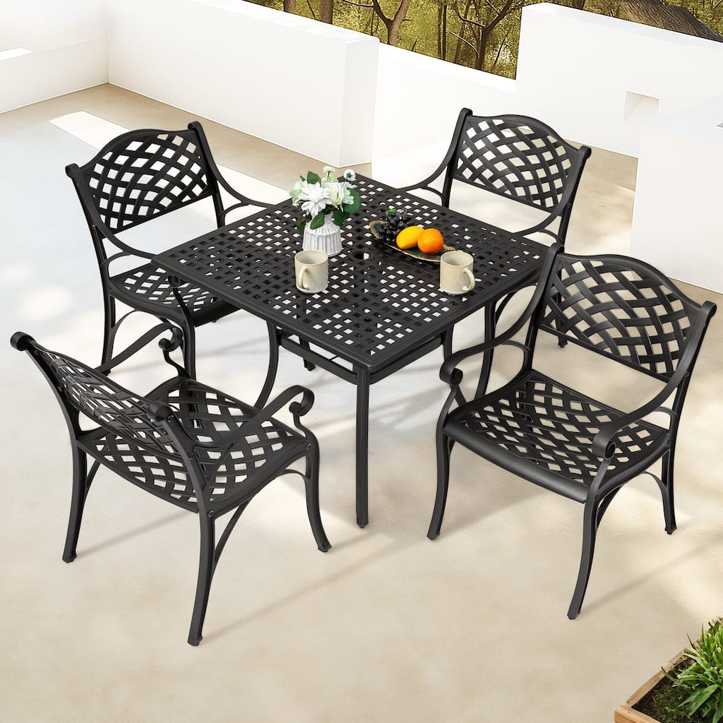 5-Piece Cast Aluminum Patio Dining Set with Umbrella Hole and Wide Seat