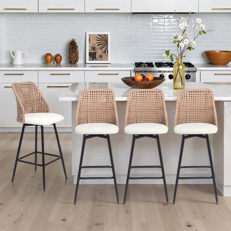 Chenille Counter Height Swivel Bar Stools Rattan Back with Metal Legs - Beige - Set of 4