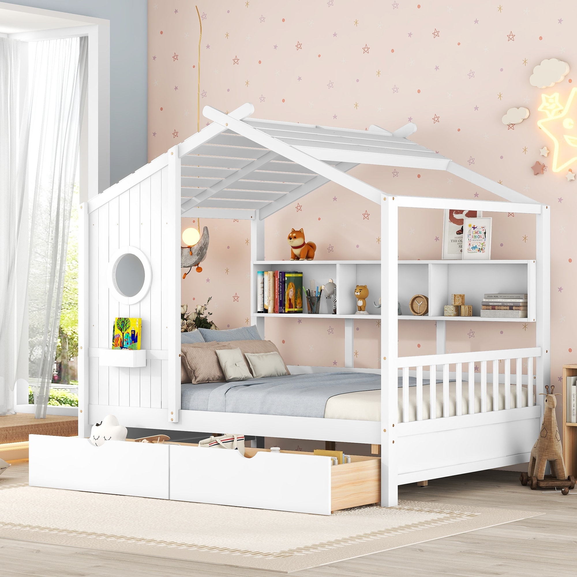 Wooden House Bed with 2 Drawers,Bed with Storage Shelf