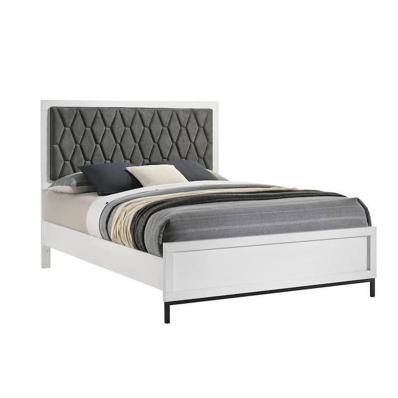 Upholstered Panel Bed with Tufting Headboard in White and Dark Grey - Queen