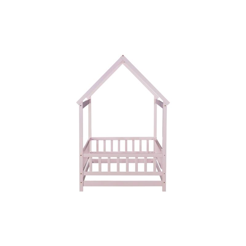 Twin Size House Floor Wooden Bed with Roof Frame,Safety Guardrails