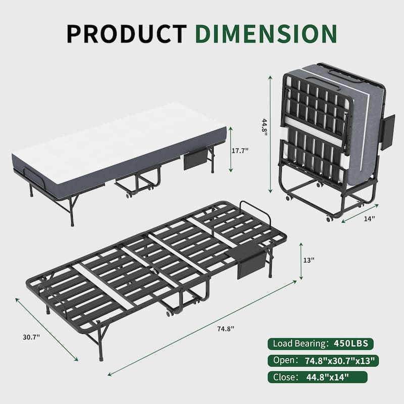 75 Inch Folding Bed with 5" Memory Foam Mattress, Rollaway Guest Bed, Heavy-Duty on Wheels, Portable Twin Bed