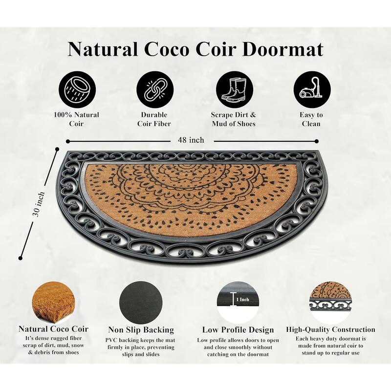 A1HC Floral Design Half Round Rubber and Coir Large Outdoor Entrance Durable Doormat 30"X48"