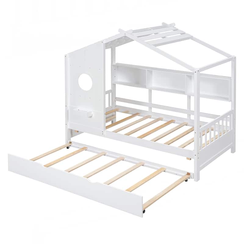 Wooden Twin Size House Bed With Trundle, Modern Design for Kids with Storage Shlef