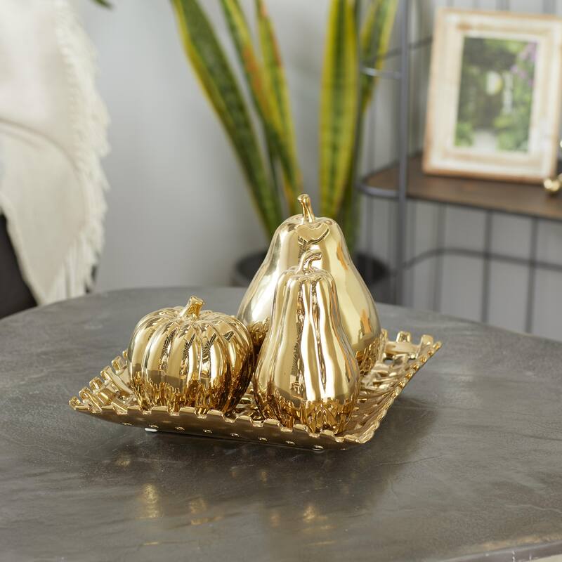 Ceramic Fruit Pear, Pumpkin, and Squash Decorative Sculpture with Decorative Plate - Set of 4 Gold or Silver - Roche River Decor