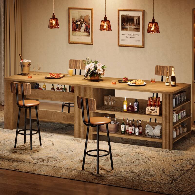 59 Inch Long Bar Table with Storage Shelves, Farmhouse Counter Height Bar Unit for Home / Kitchen / Dining Room