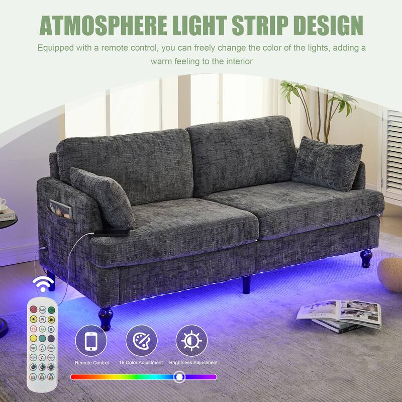 Modern Style Chenille 2-Seater Wood-Legged Sofa With Led Light,USB Charging Port And Storage Bag Living Room Bedroom Study Room