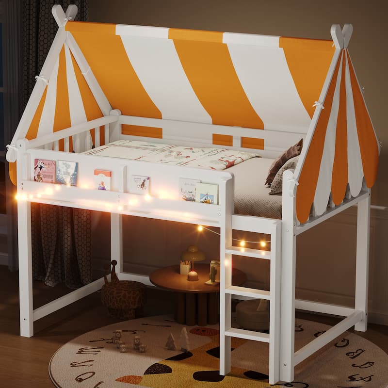 Full/Twin Size Loft Bed with Canopy, LED Lights & Bookshelf, Elevated Bed with Storage