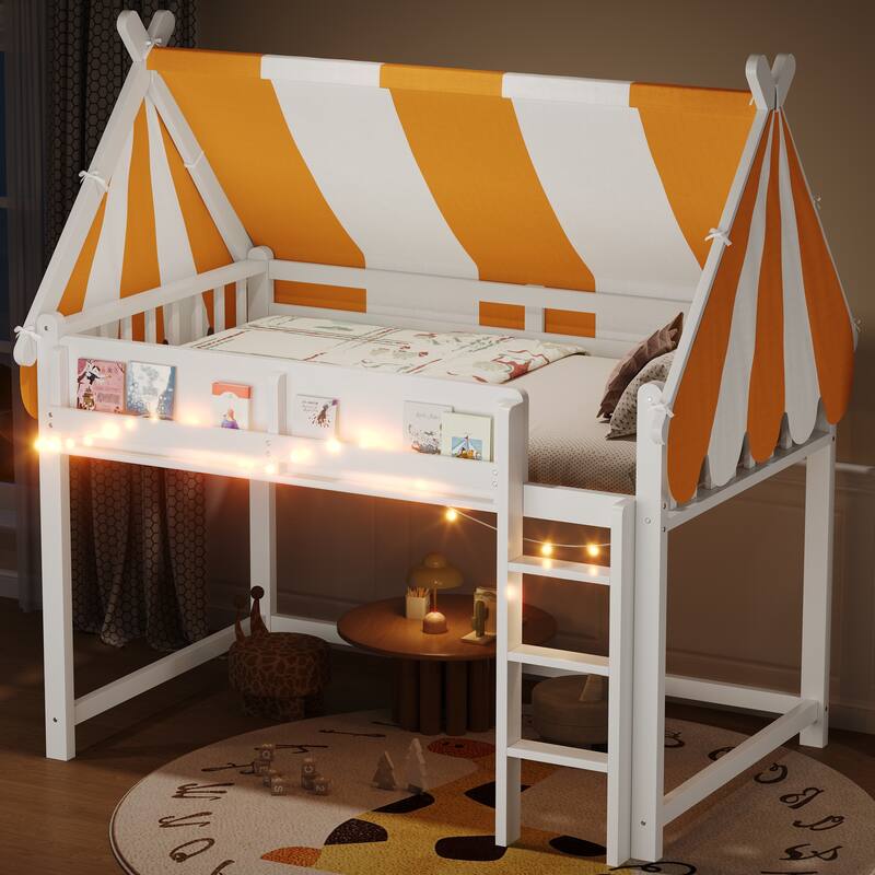 Roomfitters Twin/Full Size Loft Bed with Canopy, LED Lights and Book Shelf