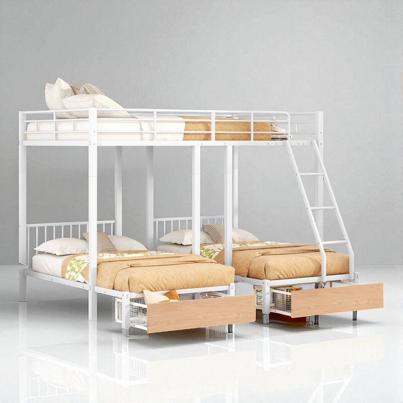 Full Over Twin & Twin Metal Triple Bunk Bed with Guardrails, Storage Drawers and Shelf, Convertible to 3 Beds - White - Full