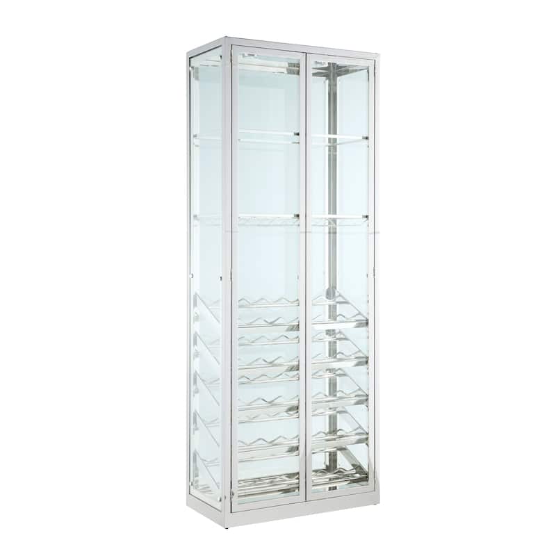 Somette Clear/Chrome Contemporary Glass Curio with Wine Storage - 31.5"W x 15.75"D x 82.36"H