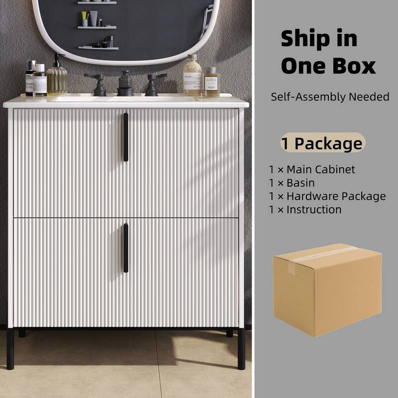 30" Bathroom Vanity with Ceramic Sink and Full-Extension Drawers, Soft Close Undermount Drawer Slides, Fluted Design