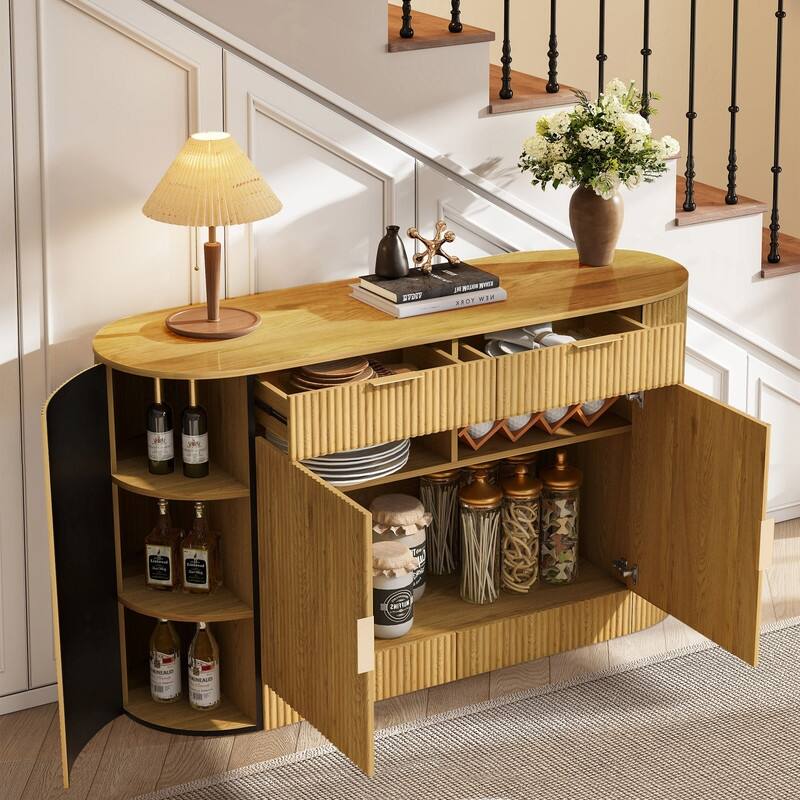 Modern 55.1" Sideboard Buffet Cabinet with 2 Curved Side Door and 2 Drawers for Living Room and Dining Area