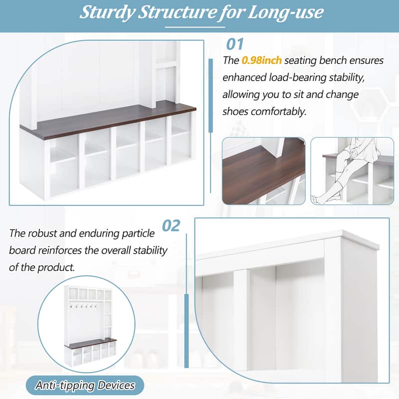 Farmhouse Wooden Style 4-in-1 Hall Tree with Storage Bench and Shoe Cubbies - 59" W × 15.7" D × 76.7" H