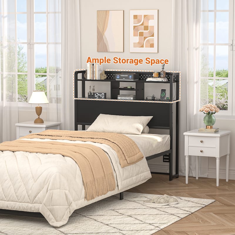 Bed Headboard with Storage Shelf and Charge Station, Height Adjustable Headboard with LED Light