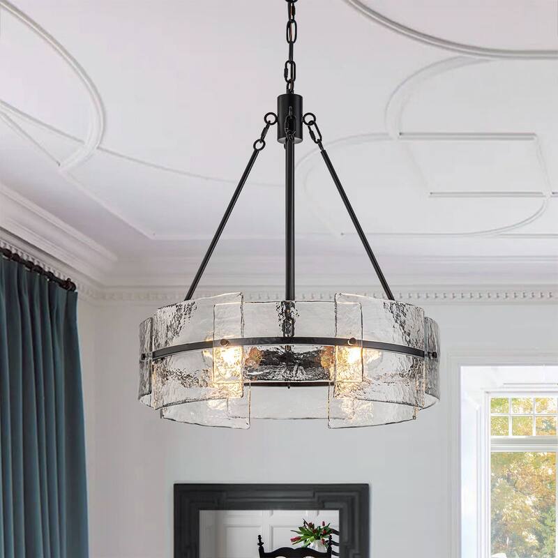 Dimmable Large Drum Glass Chandelier for Dining Room High Ceiling Living Room - Black - W20.39''