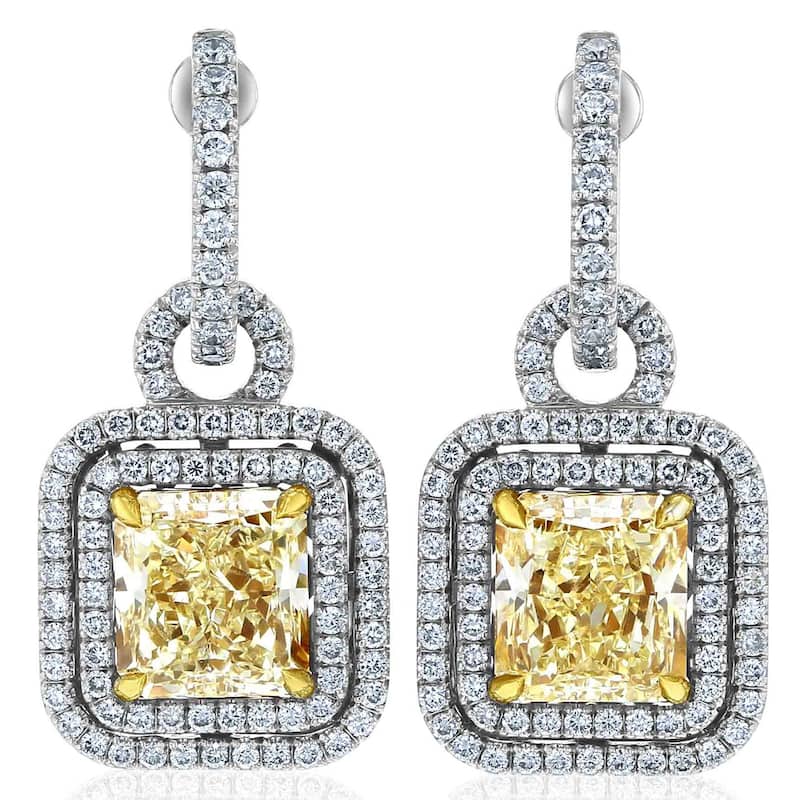 Kobelli 8.27 Carat Yellow Diamond 18k Solid White Gold Square Double Halo Meira Dangle Earrings