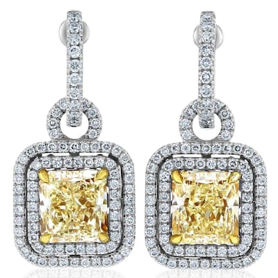 Kobelli 8.27 Carat Yellow Diamond 18k Solid White Gold Square Double Halo Meira Dangle Earrings