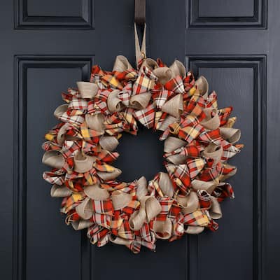 Glitzhome Fall Fabric Plaid Wreath or Garland Thanksgiving Decor