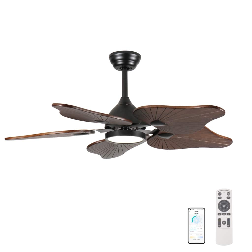 44-Inch Ceiling Fan with Light, 5 Solid Wood Blades, DC Motor, APP & Remote Control, Dimmable Full-Spectrum LED - Acacia Wood