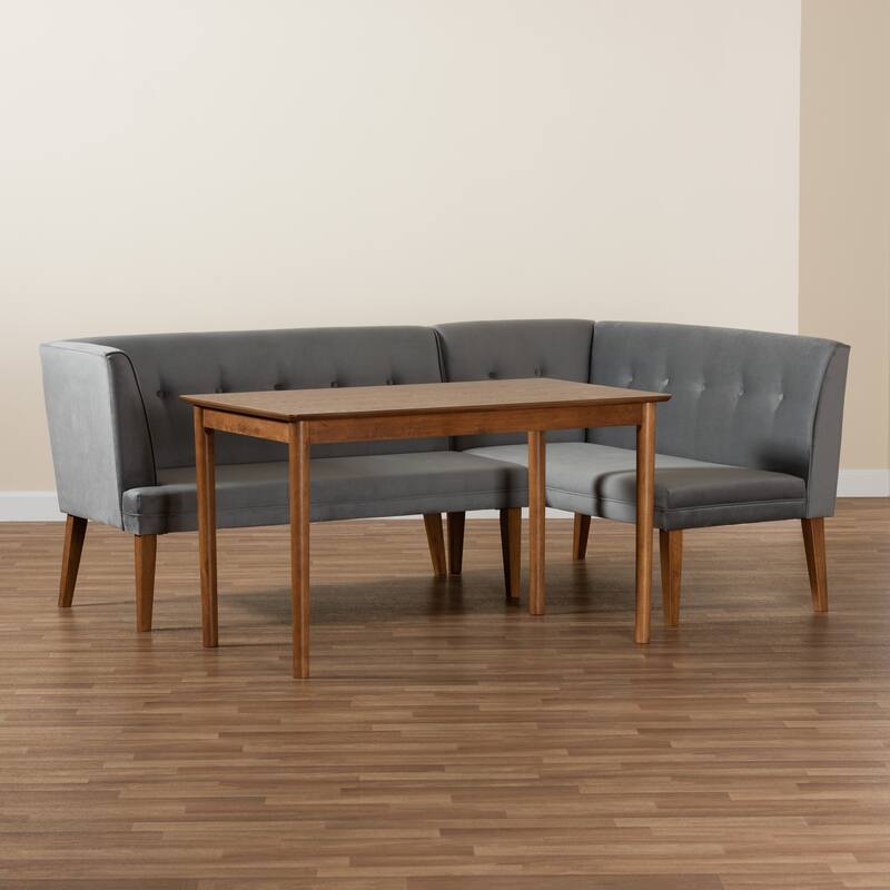 Stewart Mid-Century Grey Velvet Upholstered Wood Dining Nook Set