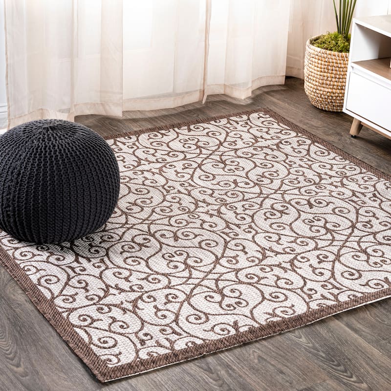 JONATHAN Y Ourika Textured Weave Indoor/Outdoor Area Rug - 5' Square - Taupe/Espresso