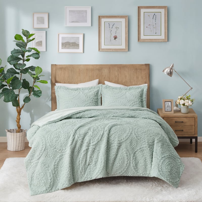 Madison Park Nova Embroidered Medallion Faux Fur Plush Comforter Set - Aqua - Twin