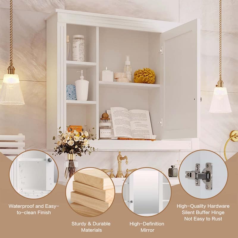 35'' x 28'' Wall Mounted Bathroom Storage Cabinet with Mirror,6 Open Shelves