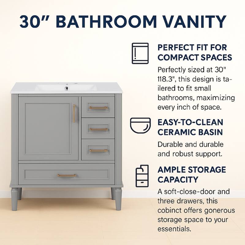 30" Ceramic Sink Bathroom Vanity with Gold Handles, Soft-Close Storage & Space-Saving Design
