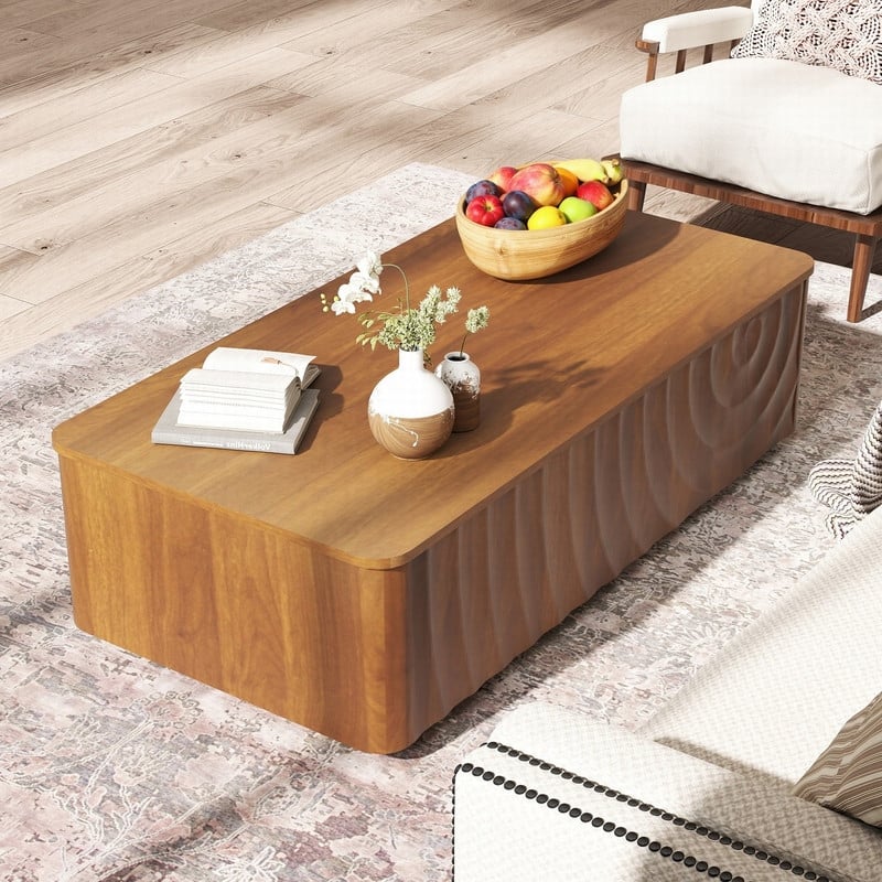 Mid Century 47" Rectangle Coffee Table with Unique Wave Texture and Safe Rounded Corner Design for Living Room