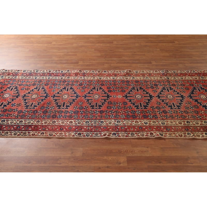 Geometric Sirjan Persian Vintage Runner Rug Handmade Wool Carpet - 3'8"x 9'4"