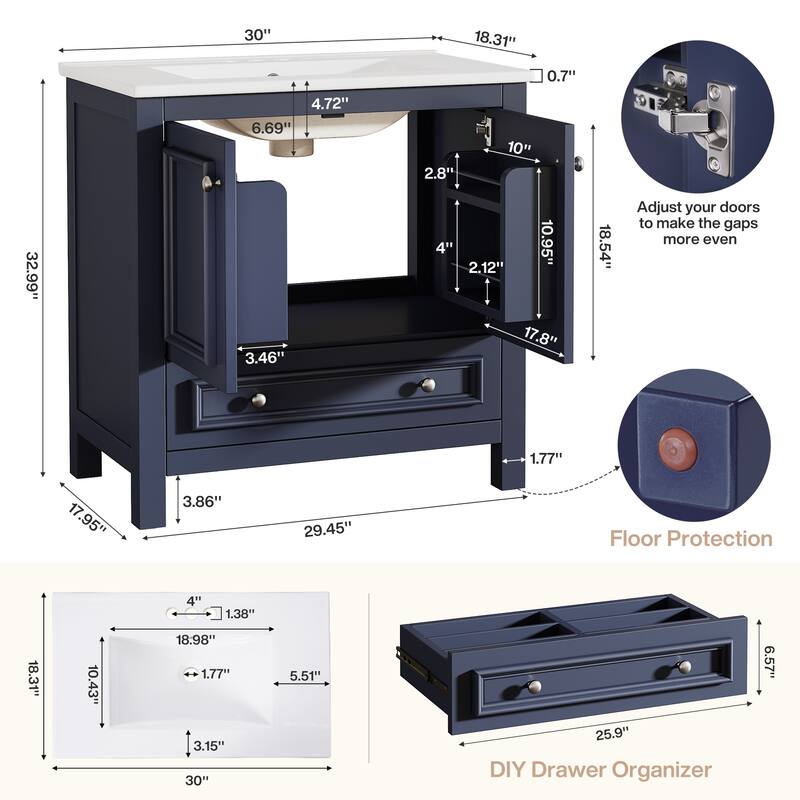 Bathroom Vanity with Sink, Solid Wood Frame Freestanding Vanity with Door Organizer and Drawer