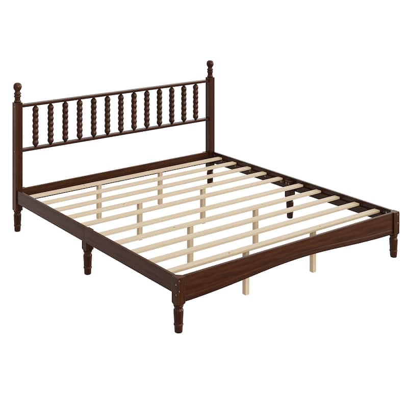 Walnut Platform Bed Mid Century Concise Bed Frame with Wood Slats and Multi-Center Support Legs, Gourd Shaped Headboard