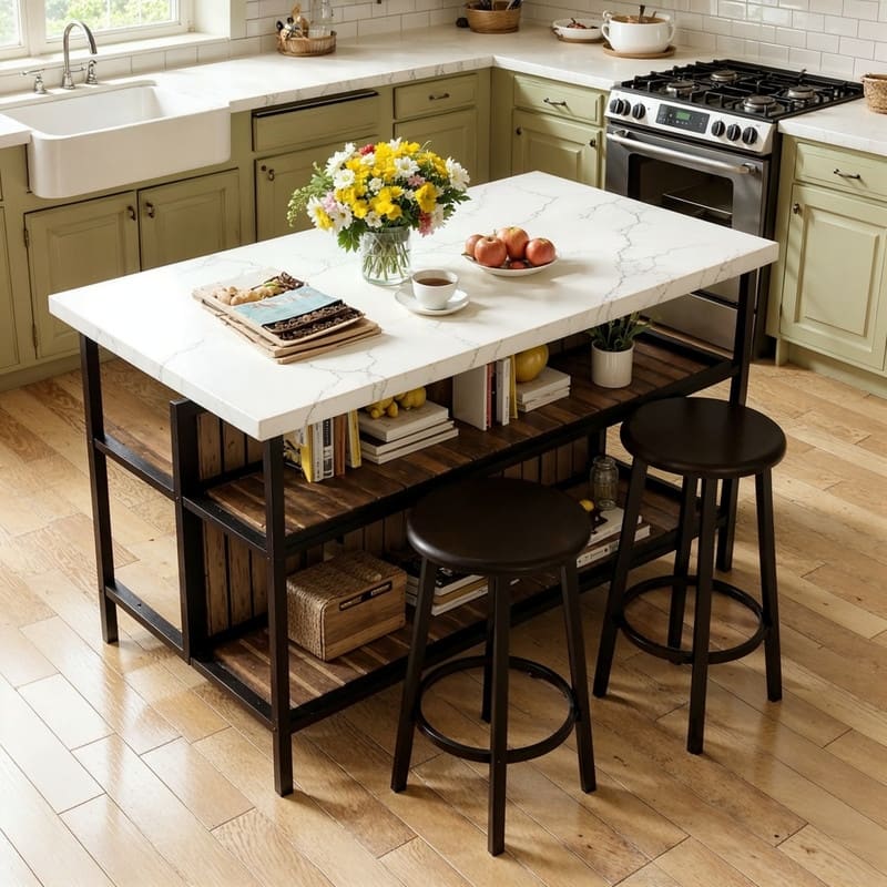 Grondin Mid-Century Modern 3-Piece Faux Marble Top Kitchen Island Set with 2 Stools and Shelves